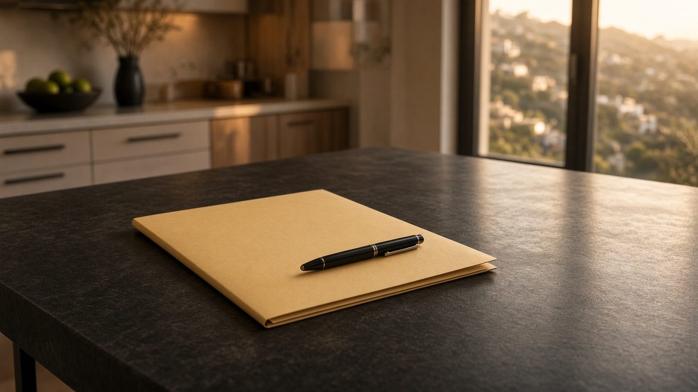 A folder on a kitchen table before a repair is priced