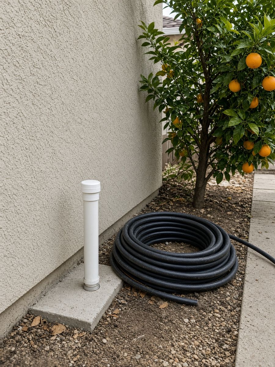 A drain hose beside a yard cleanout