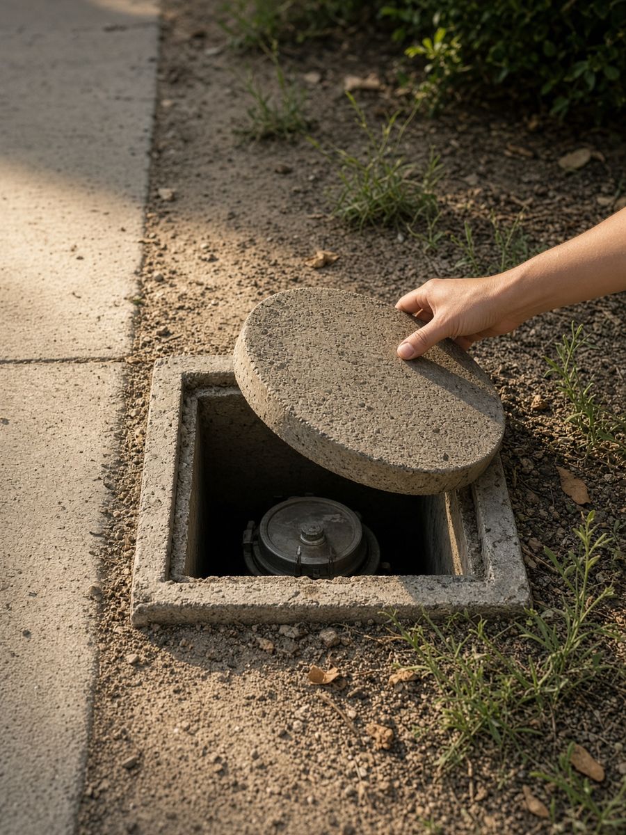 An open water meter at the sidewalk