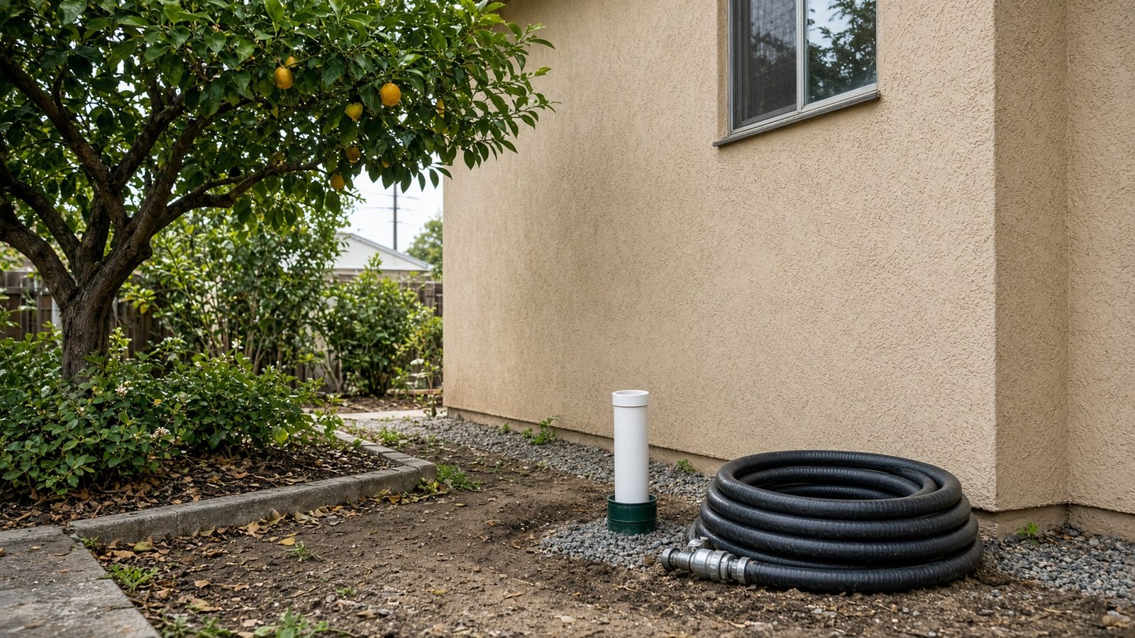 A drain machine hose beside a yard cleanout