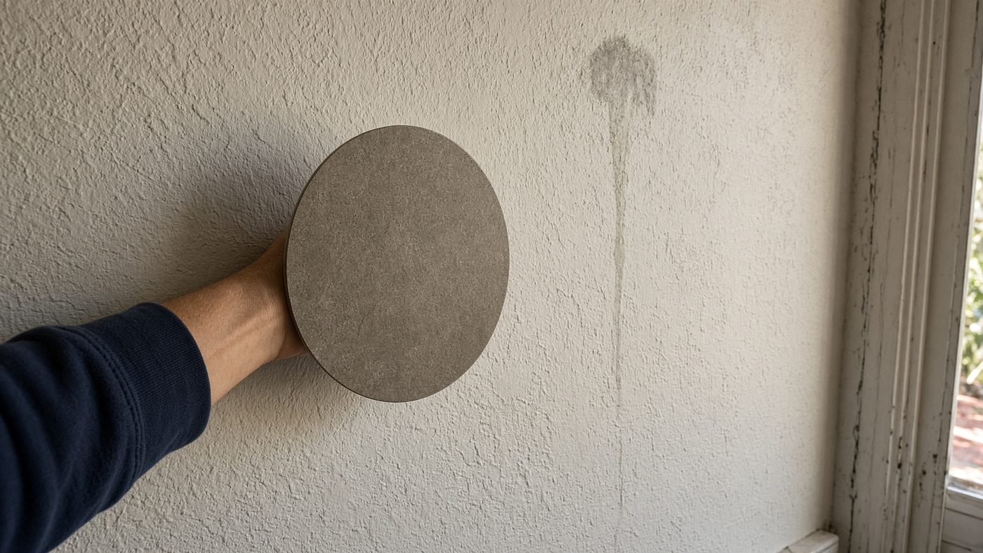 A listening disc held against a plaster wall beneath a faint water mark in a Los Angeles house