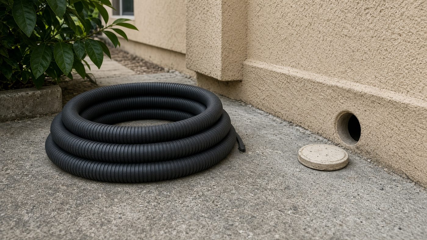 A drain hose coiled beside a cleanout at the side of a stucco house
