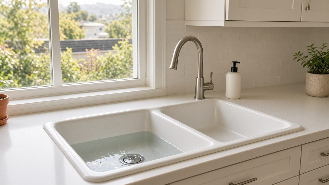 A double kitchen sink with standing water in one basin