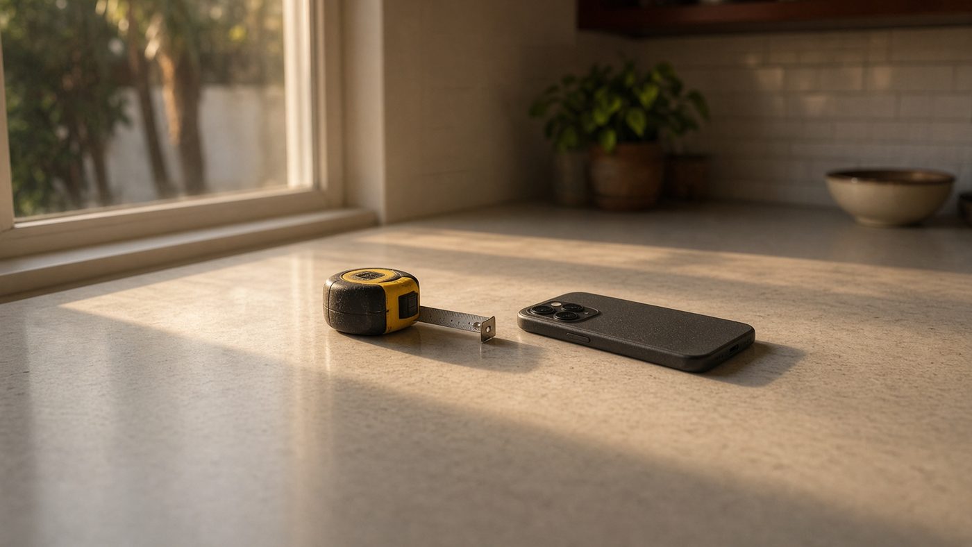 A tape measure and a phone on a kitchen counter before a repair is priced