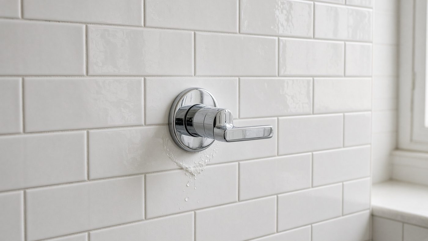A chrome shower valve on white tile with a small wet mark below the handle