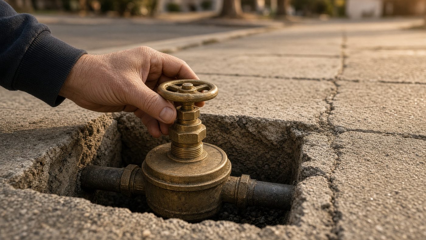 A hand turning the house valve beside a sidewalk water meter