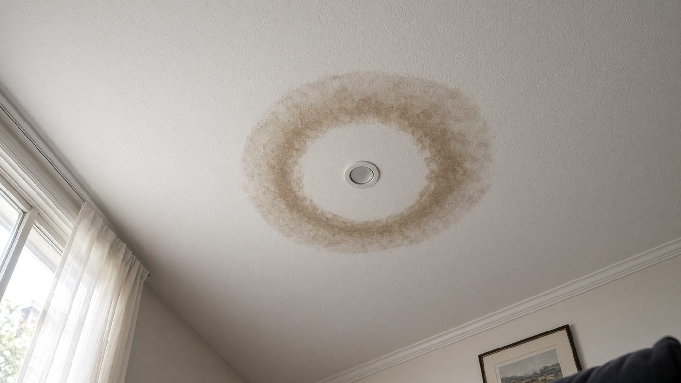 A brown water ring on a white ceiling around a recessed light
