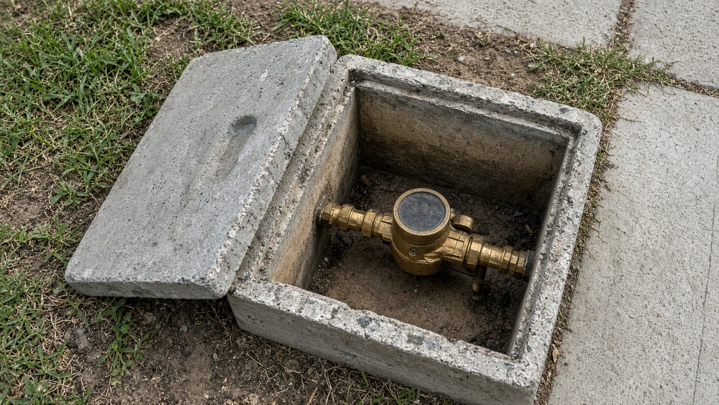 An open sidewalk water meter box at a Los Angeles parkway
