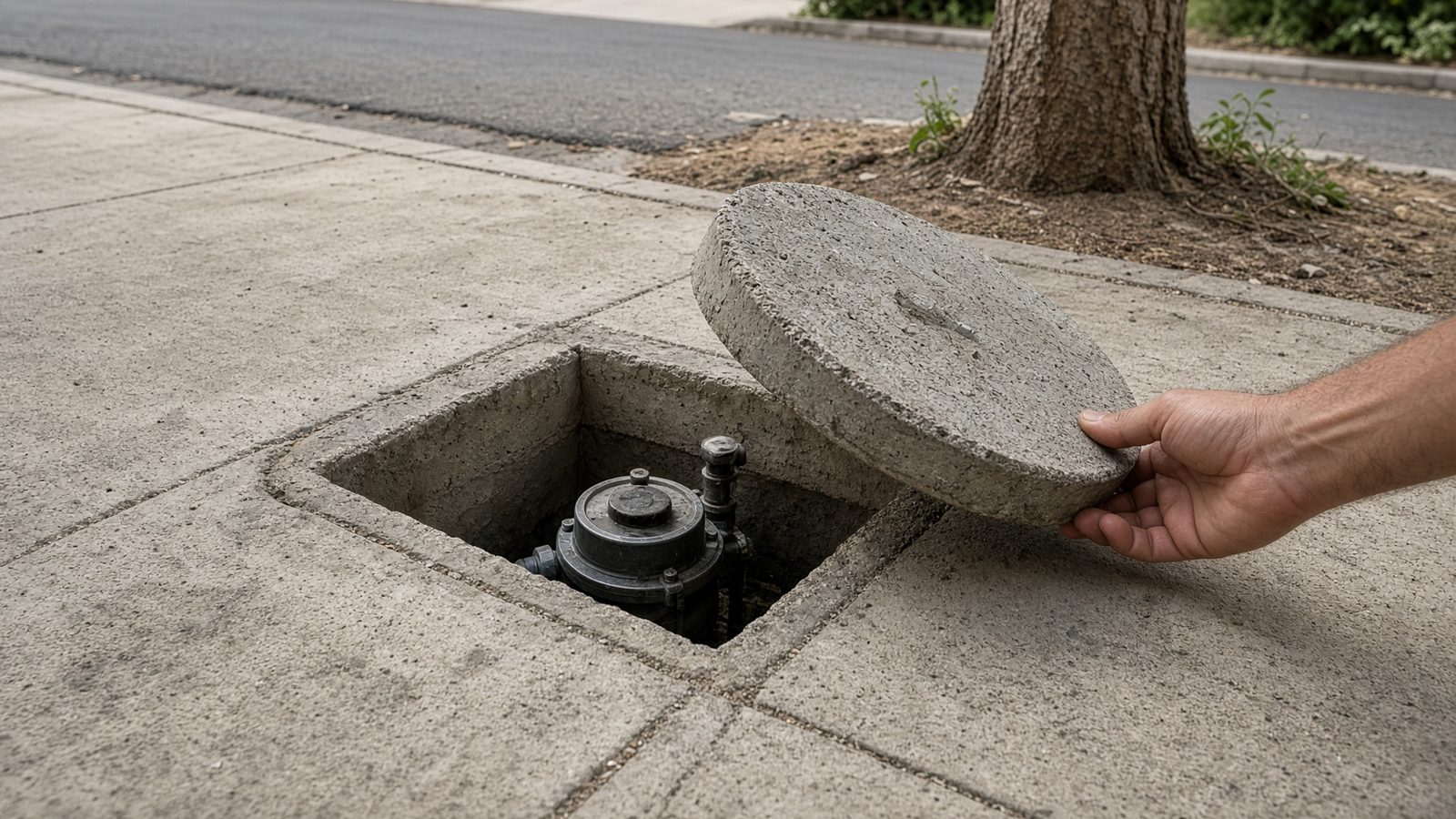 A sidewalk water meter with the lid open