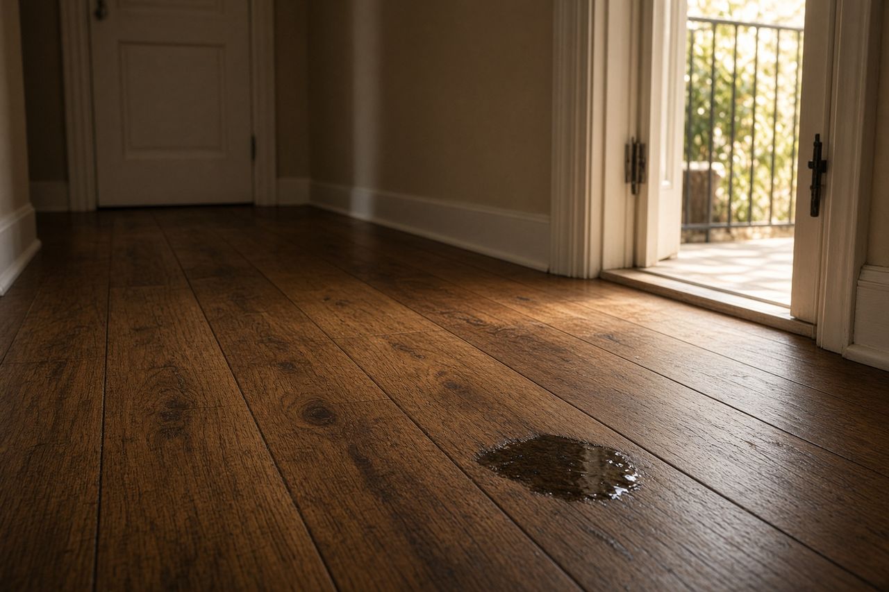 A wet patch on a hallway floor