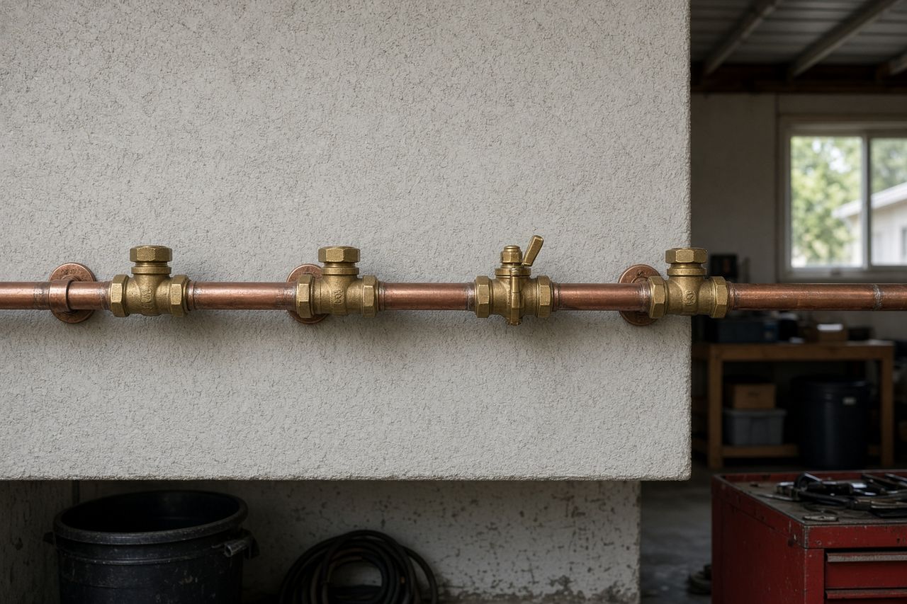 Copper shutoff valves on a garage wall