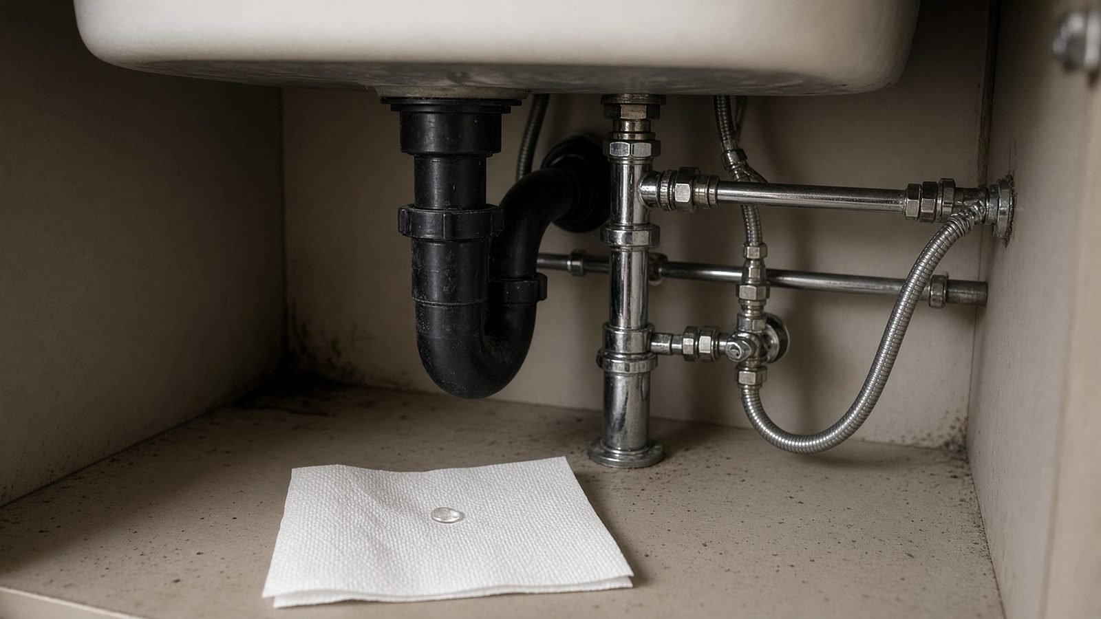 A small drip on the supply lines under a sink